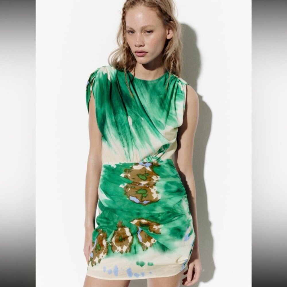 Zara NWT Size Small Green Short Abstract Tie Dye Dress